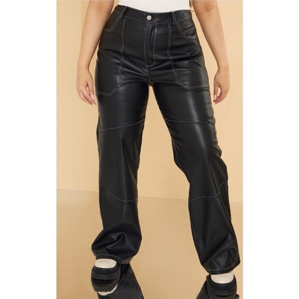 PrettyLittleThing Faux Leather Pants Womens 2 Wide Leg Goth Biker Edgy Party